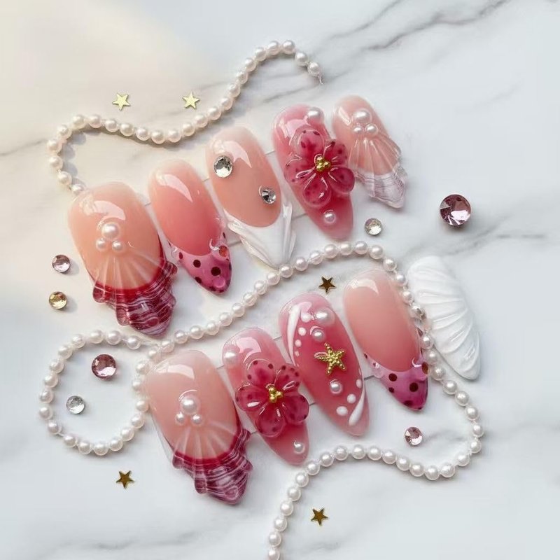 Handmade Press-On Nails - Medium Pink Almond Shape with 3D Flower & Starfish | 10 Pcs for Summer Style
