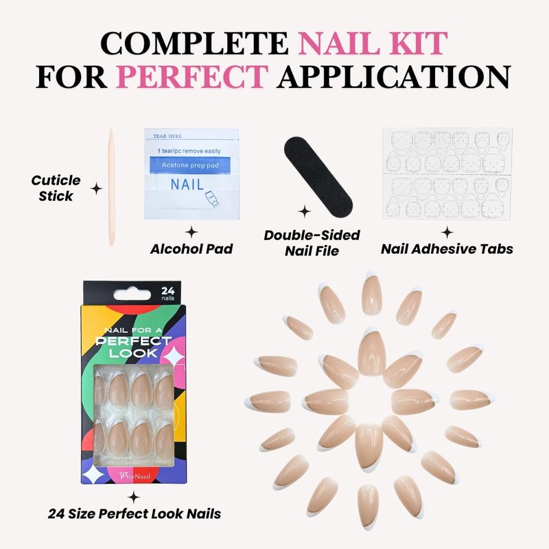 PerfectLook Press On Nails - Short Almond French Tip with Gold Line | 24 Pcs Nude Glossy Nail Kit