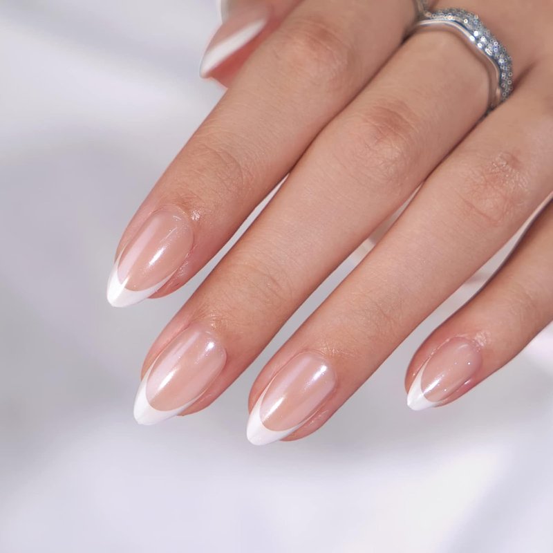 BTArtbox French Tip Press On Nails - Medium White Almond Reusable Stick On Nails | 30 Soft Gel Nail Kit in 15 Sizes for Women