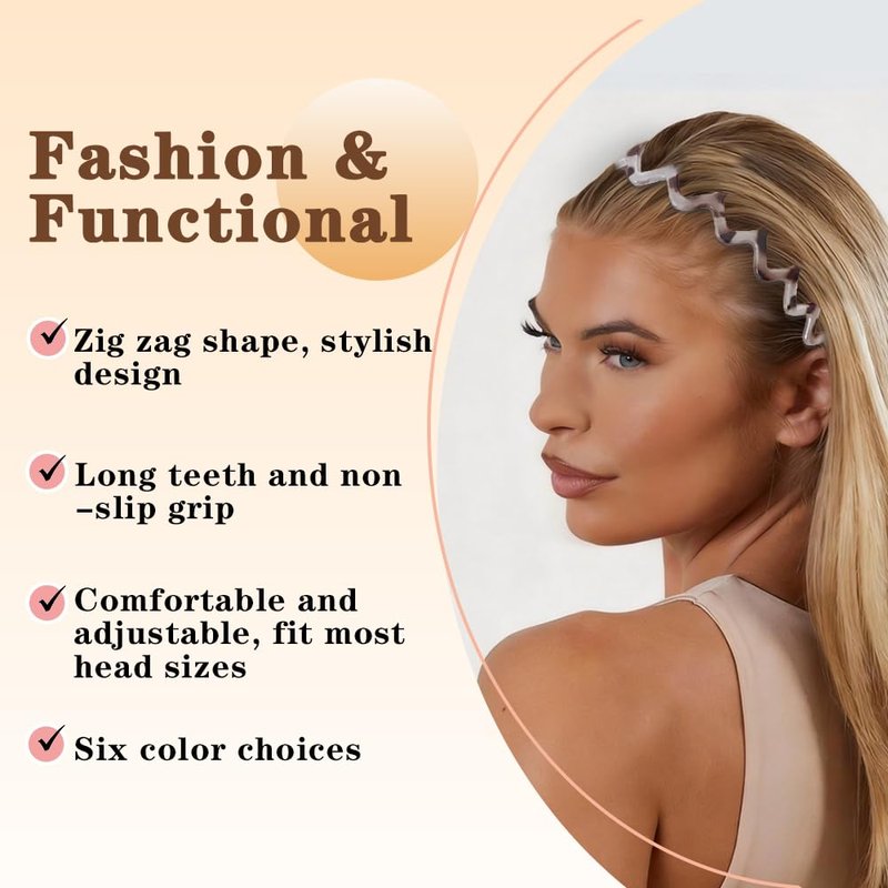 ELLOPH 6 Pack Zig Zag Headbands for Women, Non Slip Headband with Teeth, Plastic Hair Bands for Daily Work Makeup Sports 90s Retro Style Hair Accessories for Women Girls