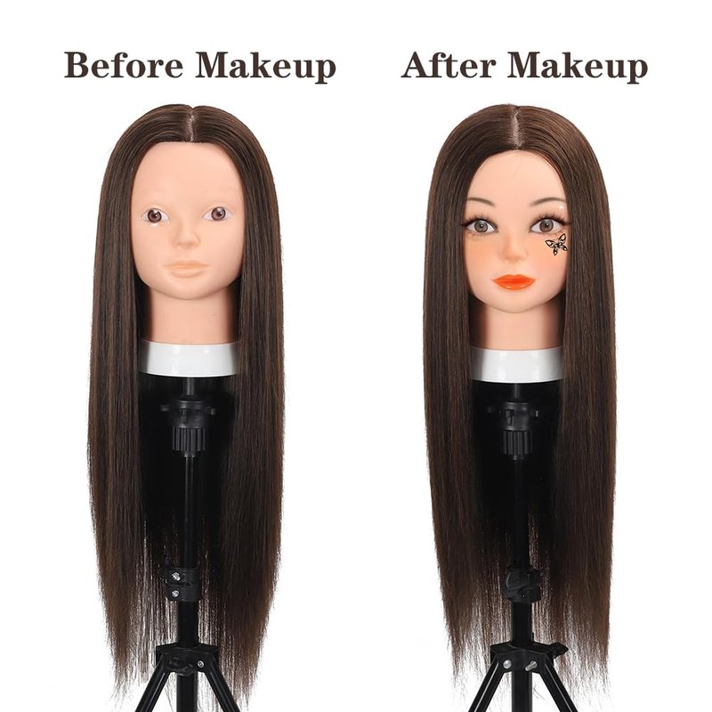 Opini 26 Inch Mannequin Head 80% Real Human Hair Styling Mannequin Doll Head Human Hair for Hairdresser Practice Hair and Makeup With Free Clamp (#4 No Makeup)
