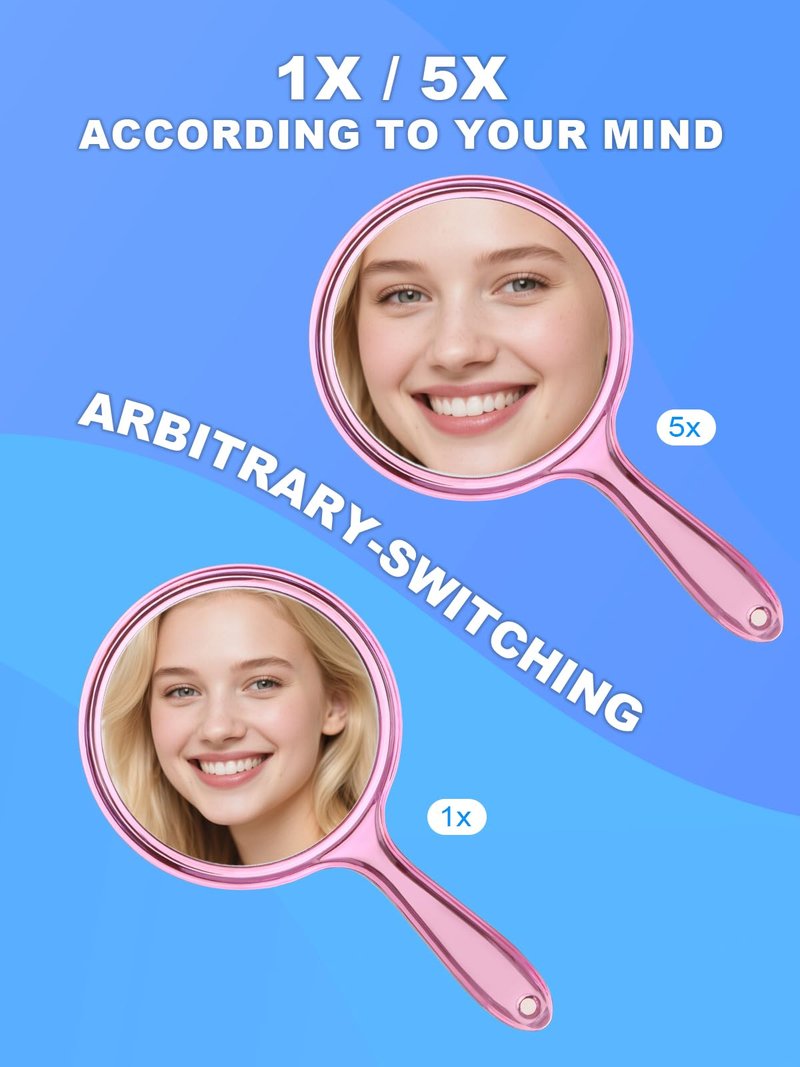 Macaki Handheld Mirror with Handle, 10.5 x 5.7 inches, Double-Sided 1X/5X Magnification Travel Makeup Mirror for Women, Pink