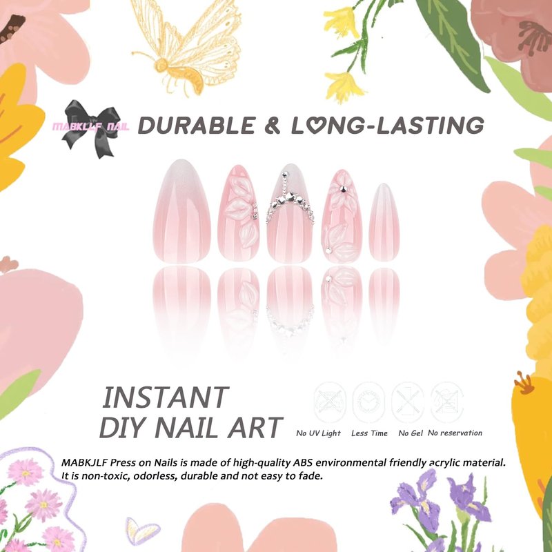 Almond Press on Nails Medium MABKJLF French Tip Fake Nails Ombre Handmade False Nails with 3D Floral Rhinestones Designs White Glossy Glue on Nail Elegant Acrylic Nails for Women Girls 24Pcs