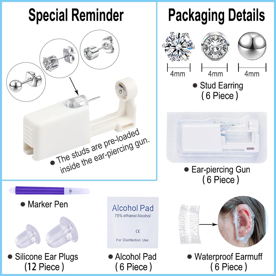 VitaCool Ear Piercing Kit Disposable Ear Cartilage Piercing Gun Kit with Sterile 4mm CZ Ball Studs Easy and Safe Earring Self for Yourself Use at Home(Silver Mixed Patterns 4mm)