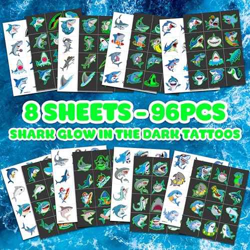 96 PCS Ocean Shark Glow In The Dark Pre-Cut Temporary Tattoos Sticker Sea Animal Birthday Party Decorations Decor Favors Supplies Gifts Boys Girls Cute Fake Tattoo School Reward Themed (Luminous)
