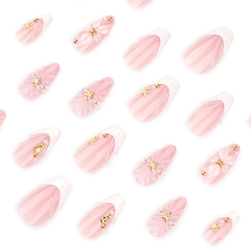 Mivota Medium Almond Press On Nails French Tip Nude Acrylic Fake Nails with 3D Shell Starfish Pearl Floral Design, Elegant Summer Beach Style DIY Manicure for Women