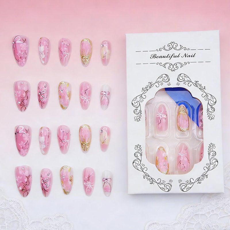 Pink Flower Press-On Nails - 30 Pcs Medium Almond with 3D Rhinestones & Gold Glitter | Spring Cat Design