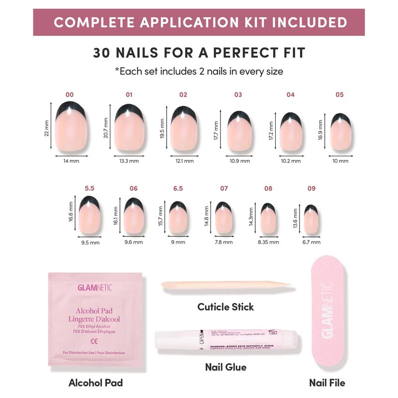 Glamnetic Press On Nails - Short Round Fake Nails, Black French Tip Nails, Onyx Glaze | 12 Sizes - 30 Nail Kit with Glue