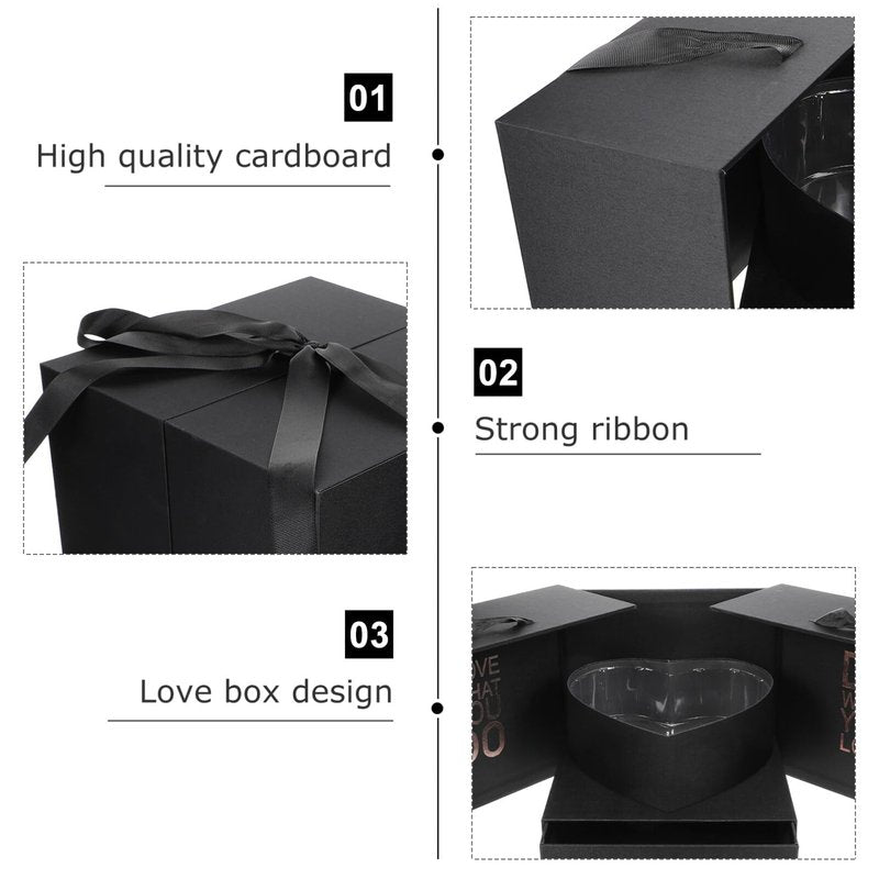 GLEAVI Heart Shaped Flowers with Square Lids Black - Hearts Floral Bouquet Packing Box Double Layer Arrangement Jewelry Paper Cardboard Treat Box for Girlfriend Wife Mom