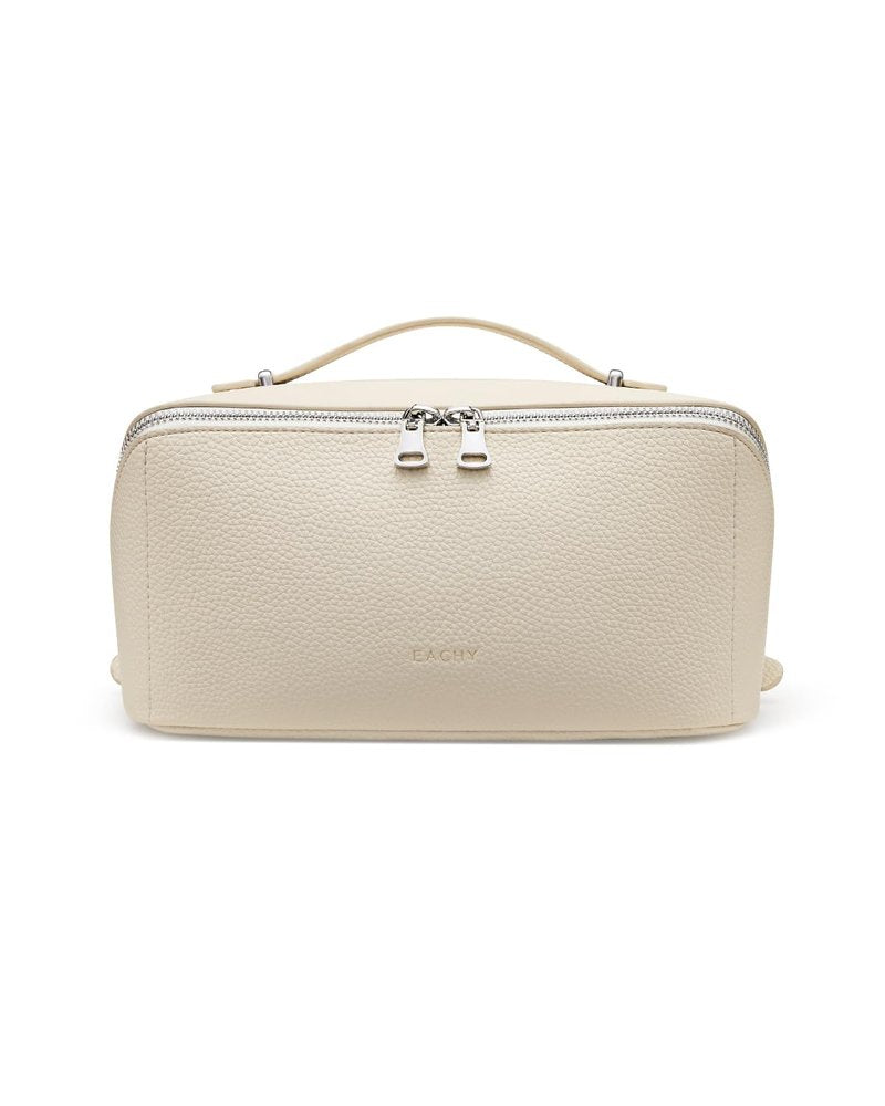 EACHY Travel Makeup Bag, Lychee Leather Large Capacity Cosmetic Bag for Women, Open Flat Toiletry Bag with TPU Brush Compartment, Waterproof Skincare Organizer Travel Essentials
