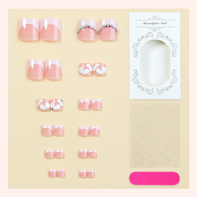 French Tip Press on Toenails Short Square Fake Toe Nails White Petal Toenail Press ons 3D Flower Toe Press on Nails with Rhinestones Design Glossy Pink Acrylic Toenails Summer Nails for Women 24Pcs