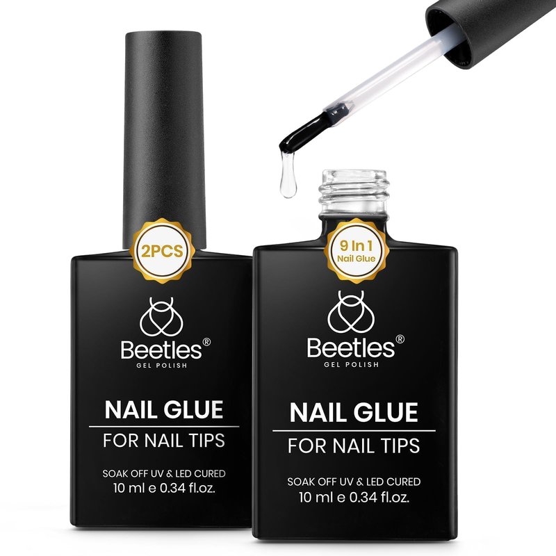 Beetles 9 in 1 Gel Nail Glue for Acrylic Nails Tips, 2 Pcs 10ml Super Strong Nail Glue for Clear False Nails Tips Base Coat Rhinestones Blooming Art Summer Nails Long Lasting U V Light Cure