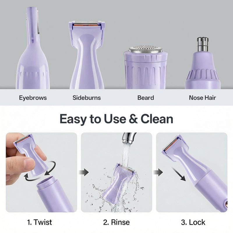 Rechargeable Nose Hair Trimmer - 4-in-1 Ear Eyebrow Beard Grooming Kit for Men & Women, Waterproof Quiet Motor, Fast Charging | 11000 RPM | Portable Travel Size Nose Trimmer Beard Trimmer (Purple)