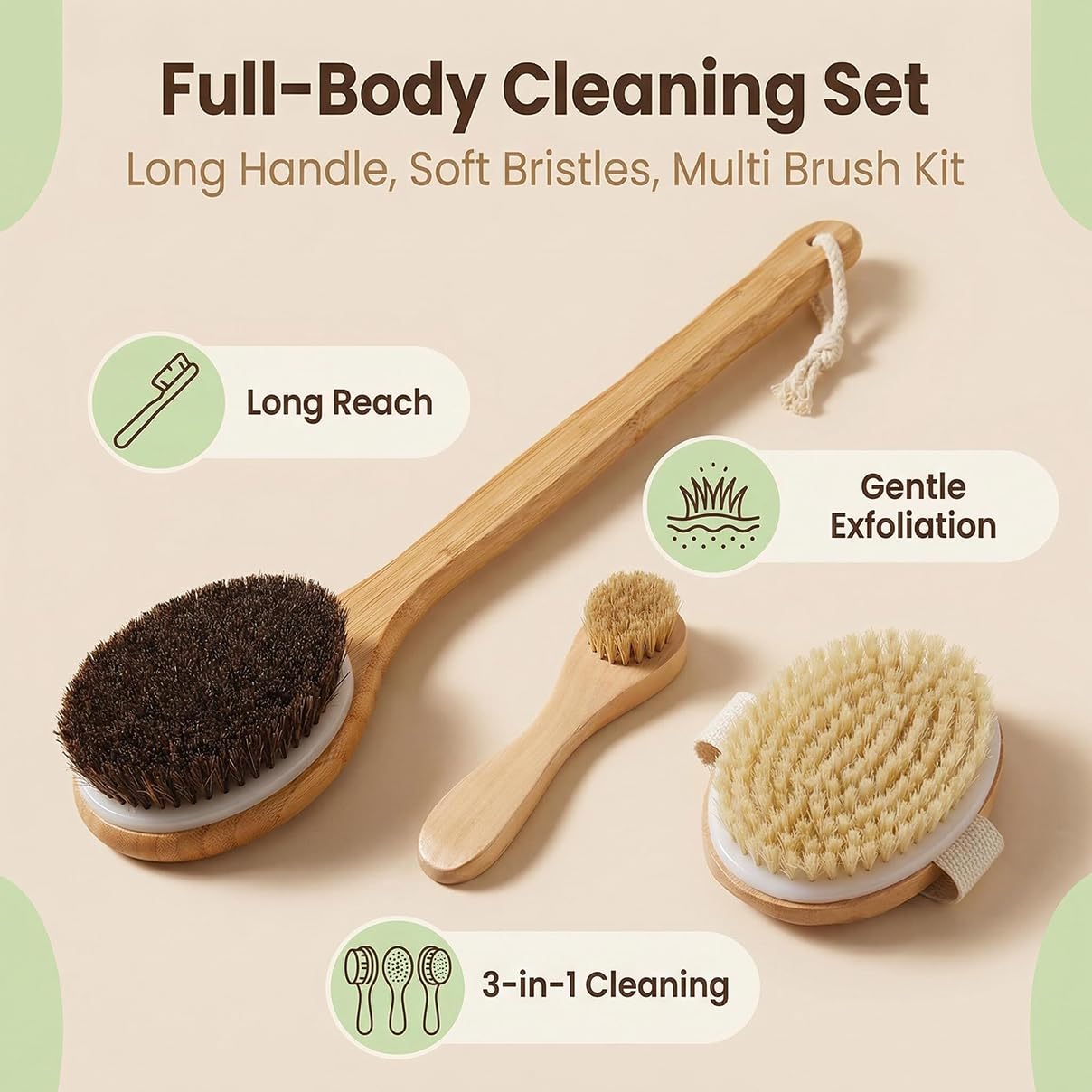 Morsafe 16.7" Long Handle Back Scrubber for Shower, Natural Bristle Exfoliating Body Brush for Hard-to-Reach Areas, Non-Slip Bath Tool for Elderly & Shoulder Pain Relief, Boar Bristle Face Brush