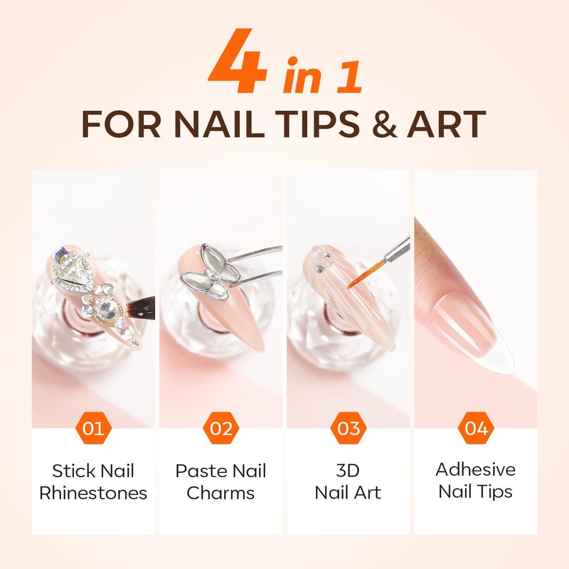 Modelones 4-in-1 Rhinestone Glue - Super Strong for Press On Nails, Gems, Charms & Rhinestones, No Wipe Nail Art Glue, 30g Cured Needed
