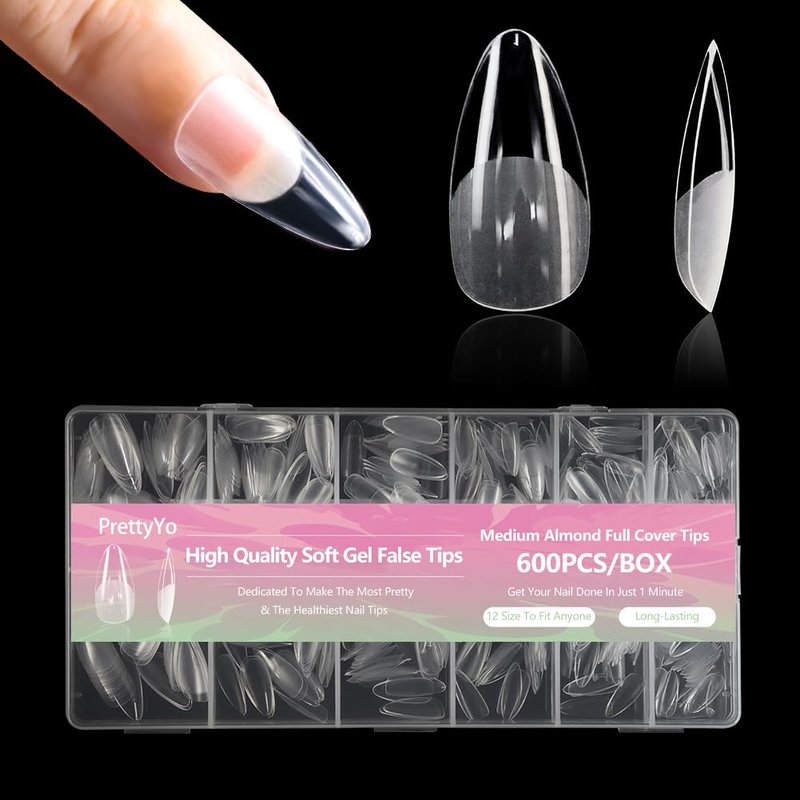 Skiennix Medium Almond Gel Nail Tips - 600 Pcs Half Matted Clear Fake Nails | 12 Sizes Full Cover