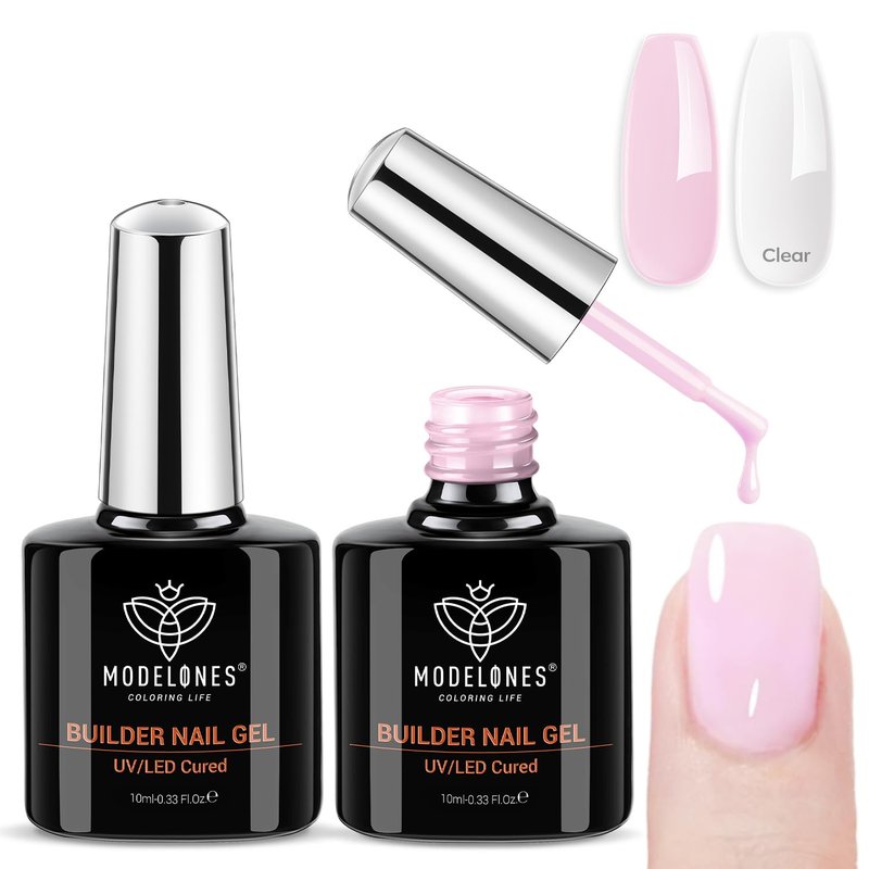 Modelones Base Coat Builder Nail Gel - 8-in-One Clear & Baby Pink Rubber Polish | 10ml Apex Strengthener