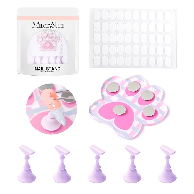 MelodySusie Nail Stand for Press-On Nails - Cute Cat Claw Magnetic Base with Reusable Tape | Rose Pink