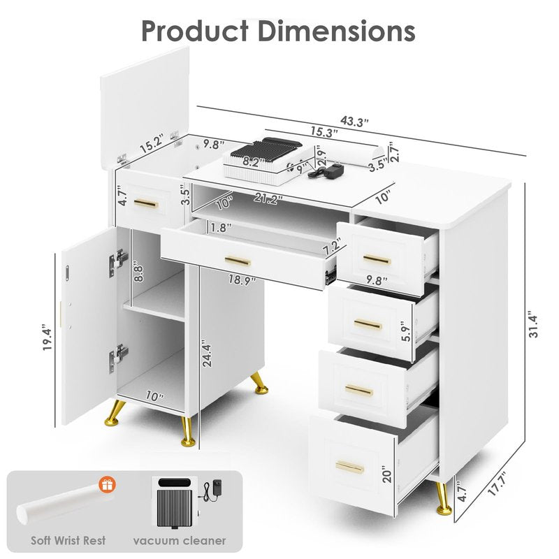 HolaiNail Manicure Table with Removable Panel, Nail Tech Desk with Dust Collector, Drawers & Storage, Nail Station for Salon or Home Studio (White)
