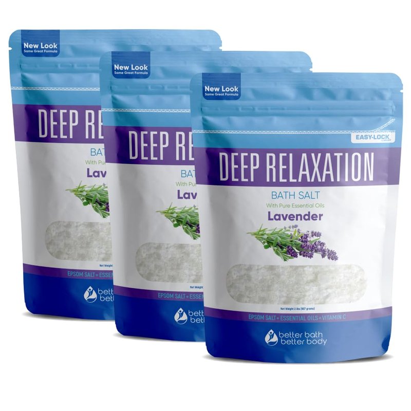 Deep Relaxation Bath Salt (3 Pack Plus Scoop) Relaxing Bath Soak with Pure Lavender Essential Oil in BPA Free Pouch with Press Lock Seal Made in USA 3 Pack of 2 Lbs 6 Lbs Total