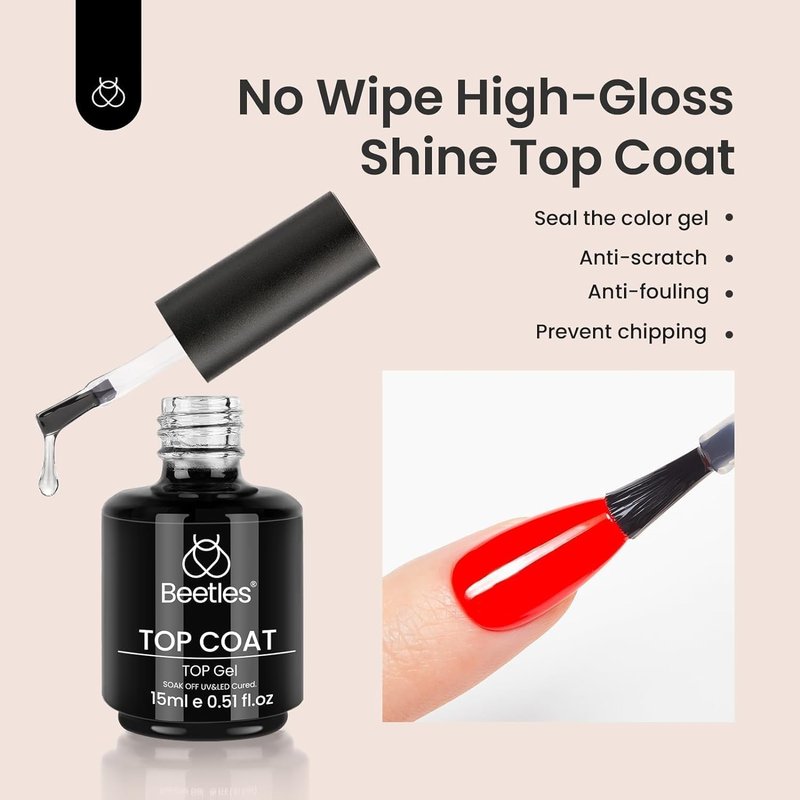 beetles Gel Polish 2Pcs 15ml No Wipe Top Coat Gel Nail Polish High Gloss Shiny Long-Lasting Clear Gel Top Coat, Soak Off Nail Lamp, Summer Nails Home DIY Manicure and Nail Salon Gifts for Women