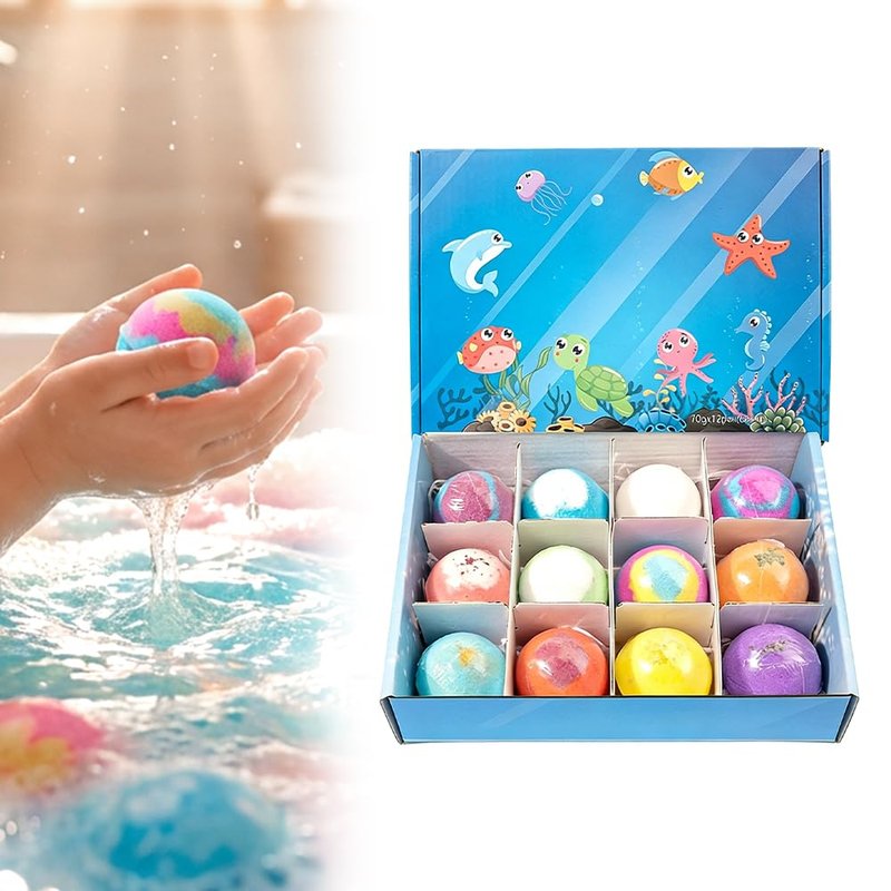 Ocean Toy Bath Salt Ball Sleeve Box Bath Bombs, Bath Bombs with Surprise Inside, 12-Pack Upgrade Easter Gifts Bubble Easter Basket Stuffers Easter Egg Fillers (Sea Animal 12Pcs)