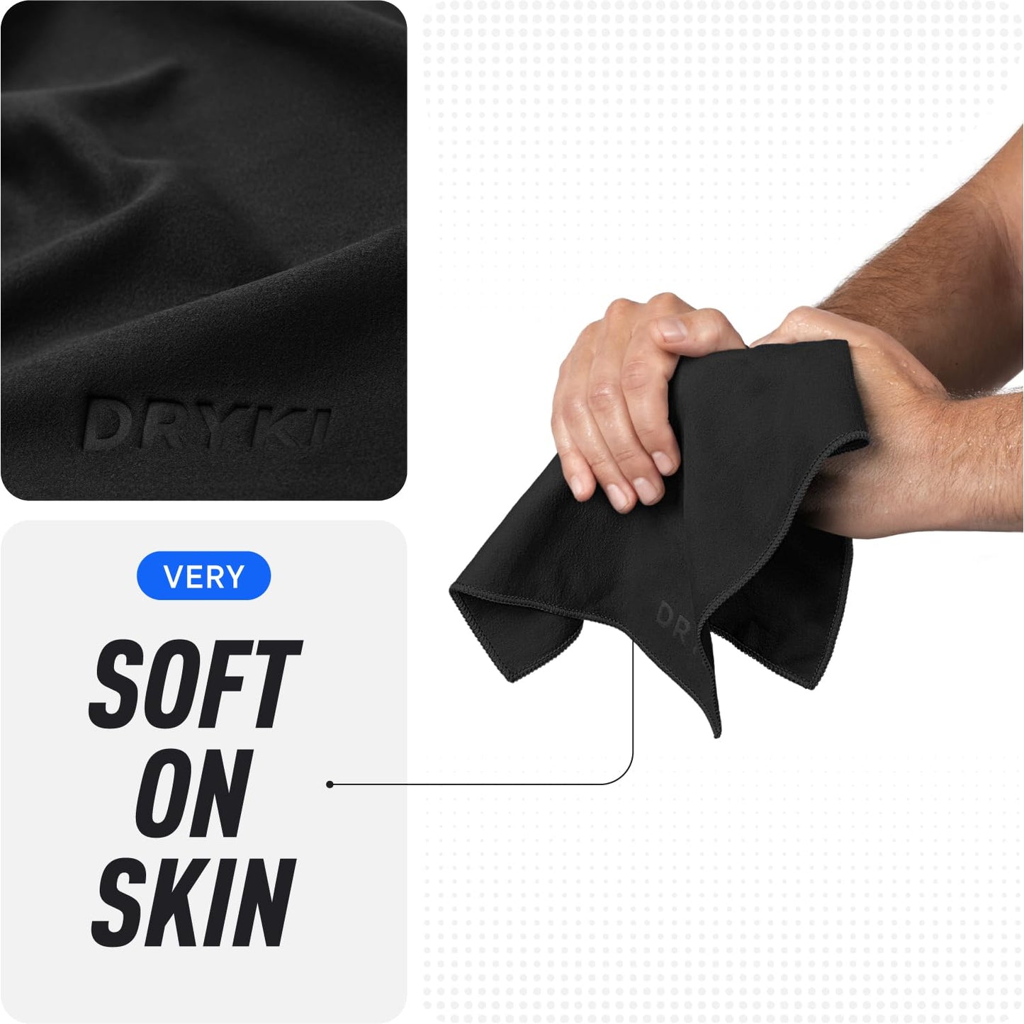 DRYKI Sweat Absorbing Handkerchiefs - The Original Pocket-Sized Sweat Towels - Quick-Dry Microfiber Sweat Rags for Face, Hands, & Body - Men & Women - Gym, Sports, and Work (Black: 5 Pack)