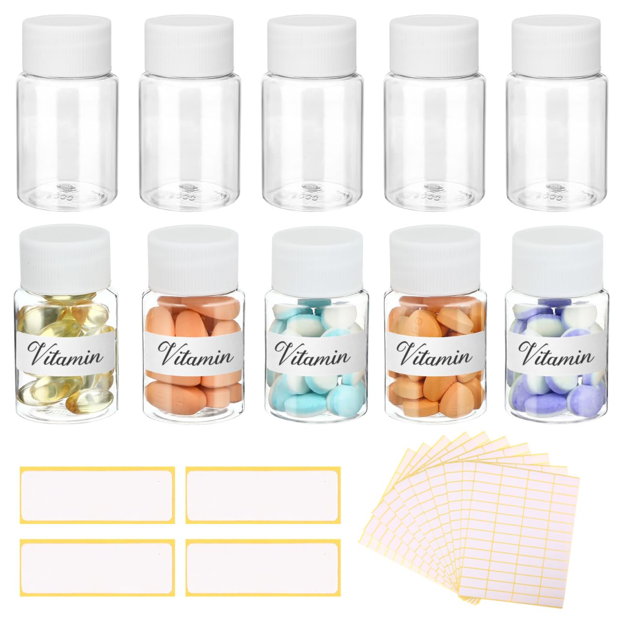 TOVINANNA 10Pcs Pill Bottles with Blank Labels - 30ml Medicine Containers with Screw Caps Name Stickers- Plastic Empty Small Pill Container Leak-Proof Clear Sample Jar for Liquid Solid Powder Medicine