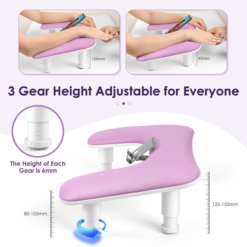 LIONVISON Arm Rest for Nails Tech: U Shaped Adjustable Height Ergonomic Nail Hand Rest Stand PU Leather with Rotating Phone Holder for Nail Salon Manicurist (Puprle)