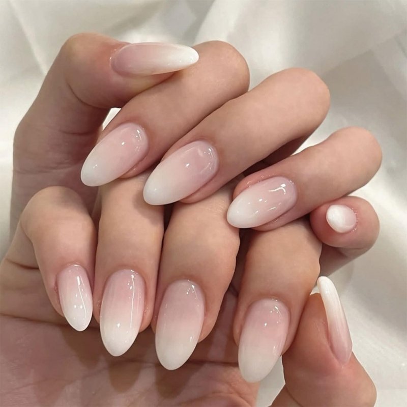 Skiennix French Tip Press-On Nails - Medium Almond Glossy Nude & White Designs | 24 Pcs Full Cover Set