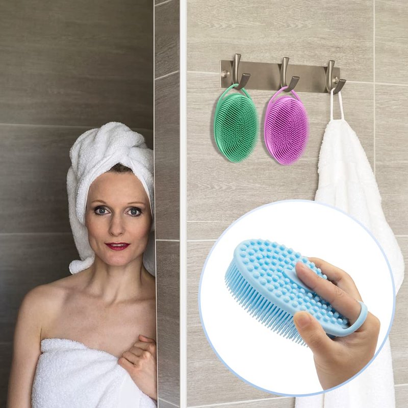 PQRUU 3 Pack Silicone Body Scrubbers for Use in Shower, Exfoliating Body Scrubber Fit for All Kinds of Skin, Soft Silicone Loofah,Bath Scrubbers Rapid Foaming,Blue,Green,Purple