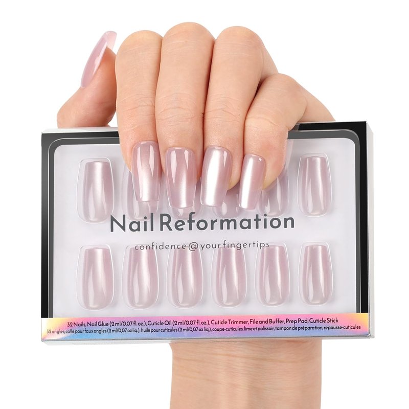 Nail Reformation Press On Nails, Dusty Rose | Mauve Short Coffin Fake Nails with Cat Eye Velvet Finish, Reusable Natural Stick On Nails Kit - 32 Pcs in 16 Sizes with Glue, Manicure Gifts for Women