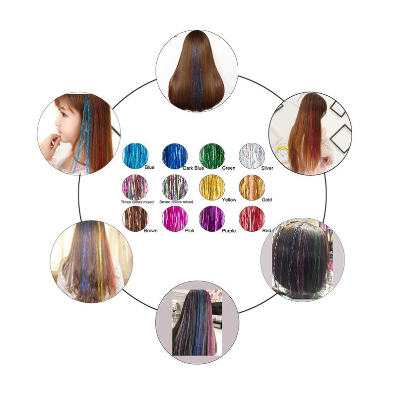 19.7 Inch Clip In Hair Fairy Tinsel Kit Clips Clip On Glitter Hair Tinsel Extensions 12 Colors