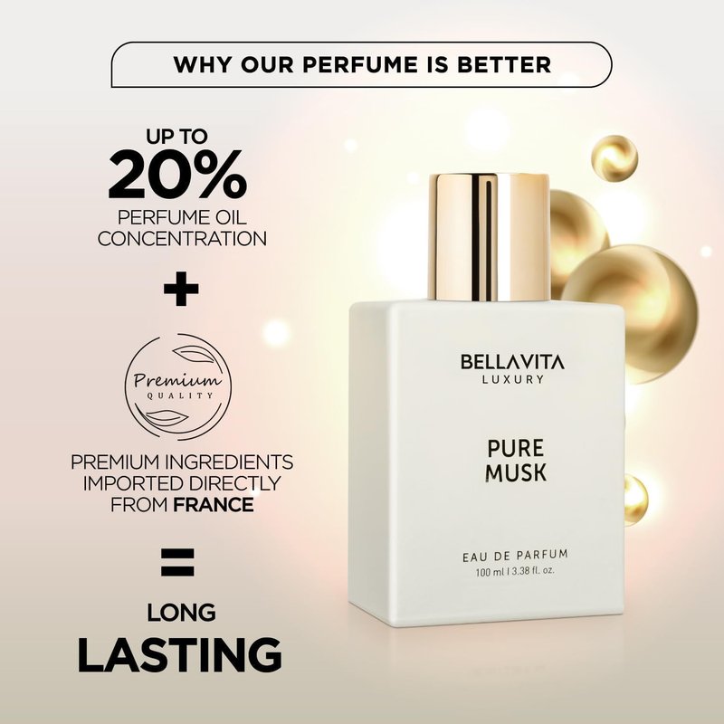 Bellavita Luxury Pure Musk Eau de Parfum - Long Lasting Unisex Fragrance | 100 ml | Floral & Woody Notes