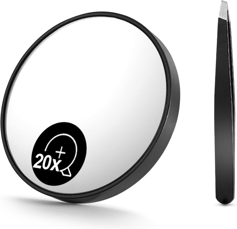 20X Magnifying Mirror with Eyebrow Tweezers Kit - Travel Set with 3.5" Suction Cups