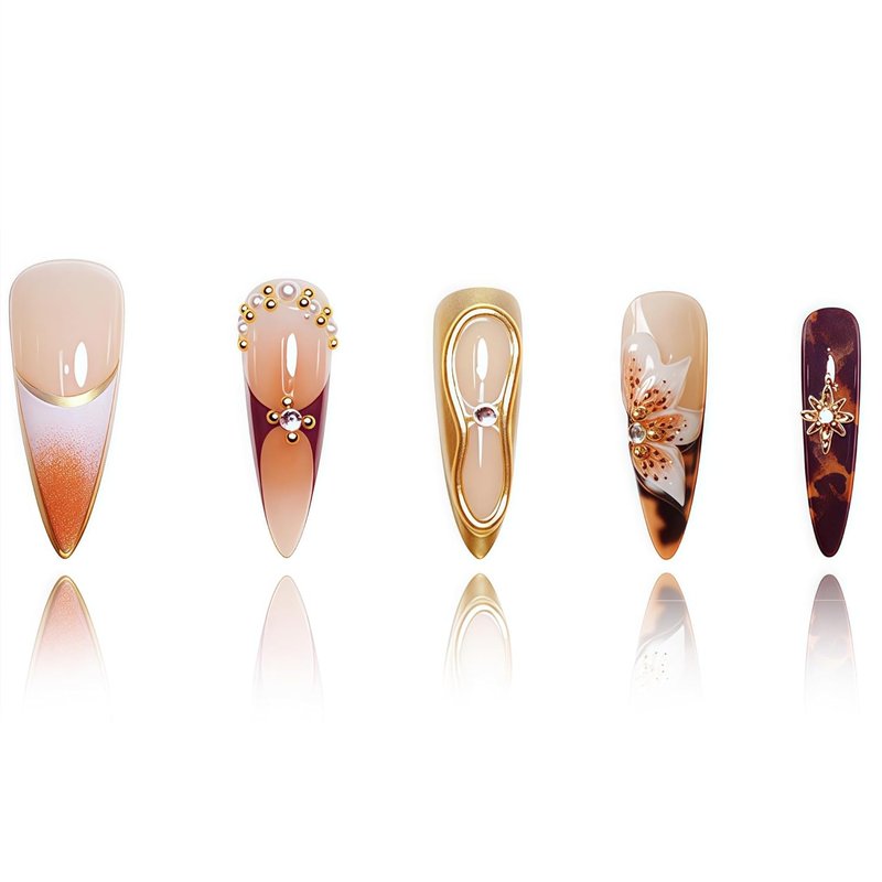Almond Press-On Nails | Brown Floral Artificial Nails with Gold Charm | 24 Pcs Summer Design