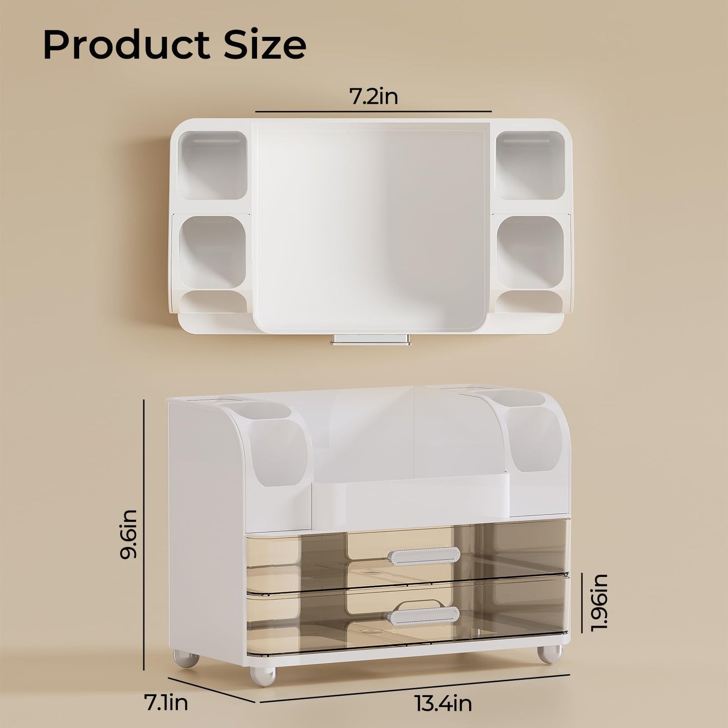 UFORU Makeup Organizer for Vanity with 2 Large Drawers, Cosmetic Display Case with Brush Holders, Easy to Storage for Bathroom Countertop Skincare, Perfume, White
