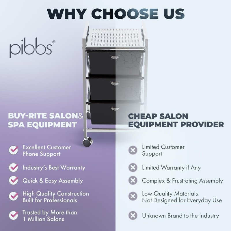 Pibbs D23 Metal Salon Roller Cart - Heavy-Duty Utility Pedicure Cart with 3 XL Removable Drawers | European Design