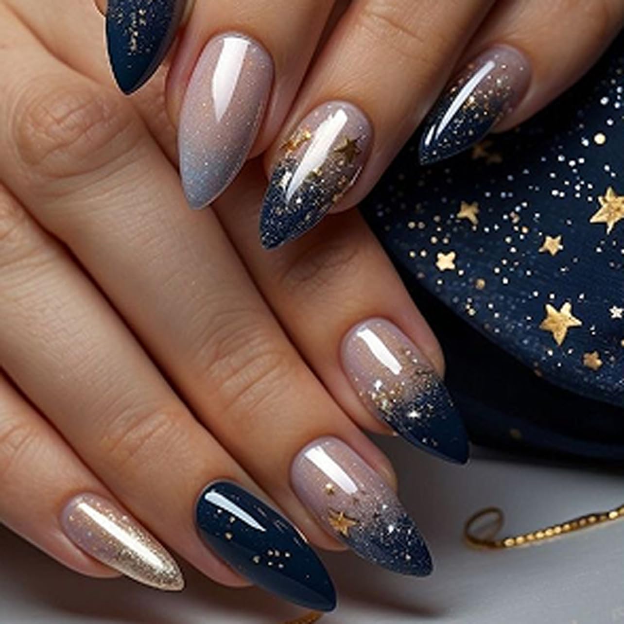 Skiennix Spring Fake Acrylic Press On Nails - Starry Sky Medium Almond, Glossy Reusable Design for Weddings & Parties | Perfect Gift for Women