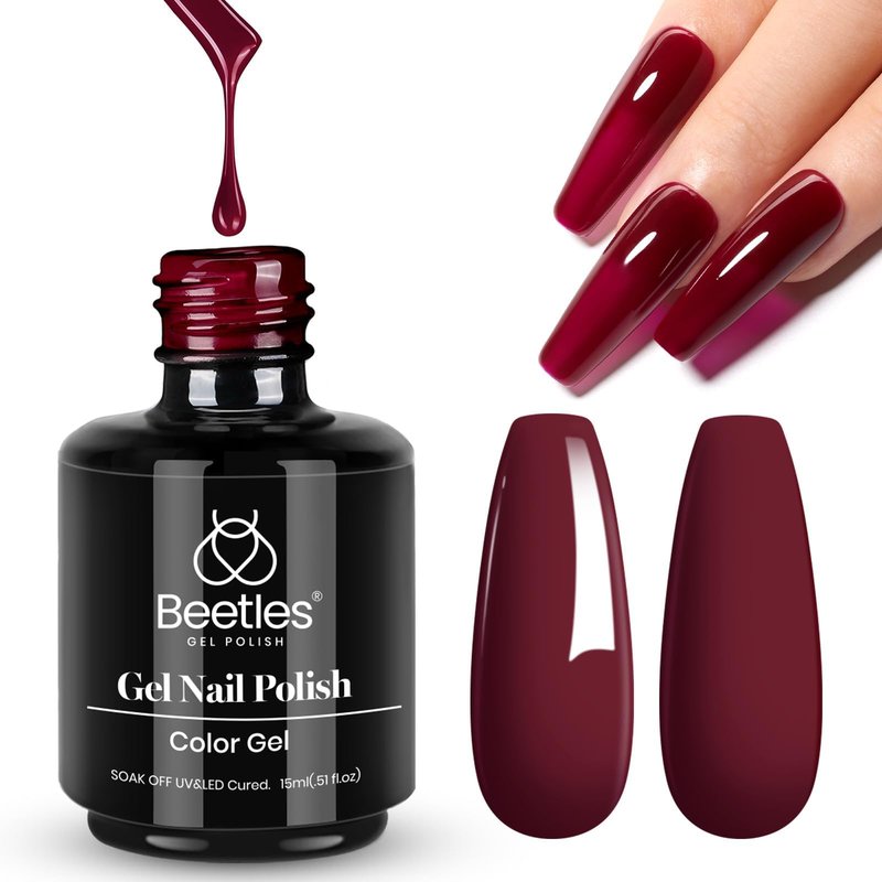 Beetles Dark Red Gel Nail Polish – 15ML Oxblood Red Burgundy Gel Polish Soak Off UV LED Needed Maroon Wine Color Nail Art Summer 4th of July Nails Manicure Salon DIY Design at Home Gifts for Woman