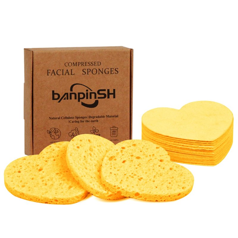 20 Count Heart Shape Compressed Facial Sponges with Case for Travel, 100% Natural Cellulose Facial Cleansing Sponges Pads Exfoliating Sponges for Cleansing, Pore Exfoliating,Makeup Removal (Yellow)