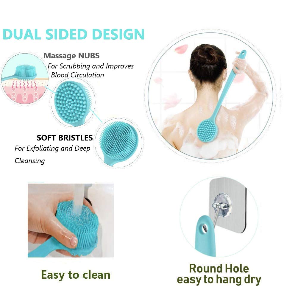 Long Handle Silicone Body Scrubber for Shower, Dual-Sided Back Scrubber Brush with Soft Bristles&Massage Nodes, Exfoliating Bath Brush for Hard to Reach Areas, Easy to Clean & Quick Dry, for Daily Use