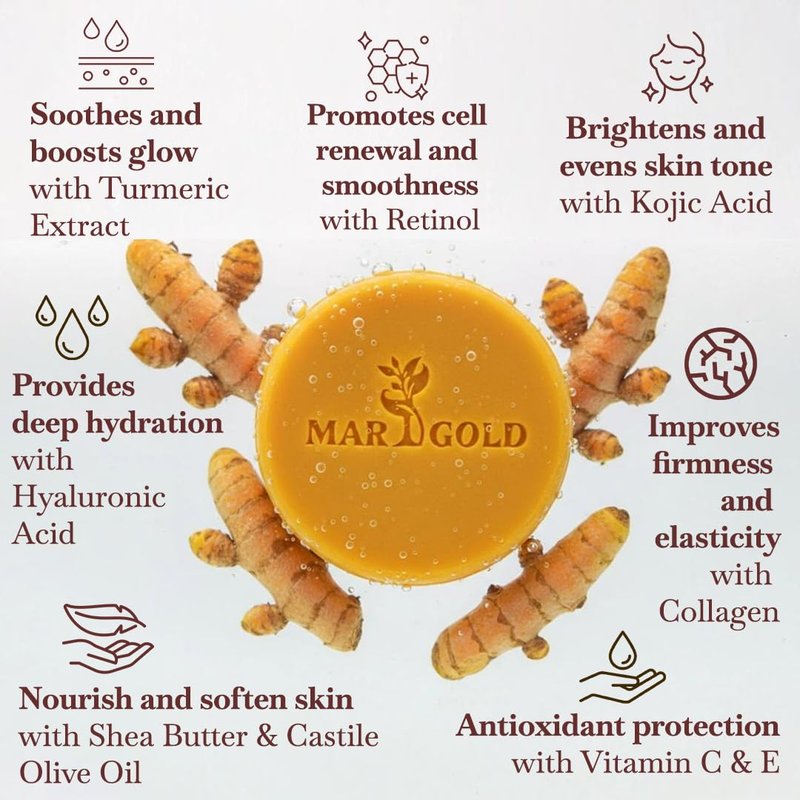 Marigold glow Kojic Acid Soap bar Dark Spot remover with Turmeric for Face and Body Cleanser Bar with Vitamin C Retinol Collagen Hyaluronic Acid, 3.5 Oz Pack of 2