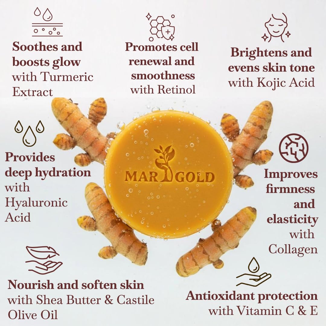 Marigold glow Kojic Acid Soap bar Dark Spot remover with Turmeric for Face and Body Cleanser Bar with Vitamin C Retinol Collagen Hyaluronic Acid, 3.5 Oz Pack of 2