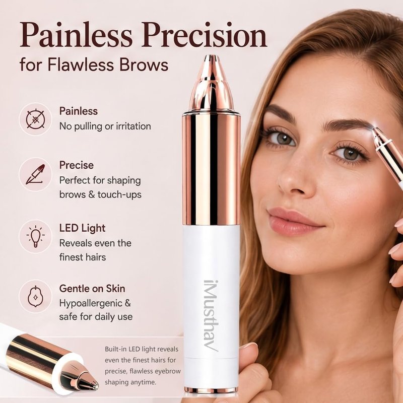 Eyebrow Trimmer for Women - Precise & Painless Electric Razor with LED Light | Travel-Friendly Gold-Plated Design