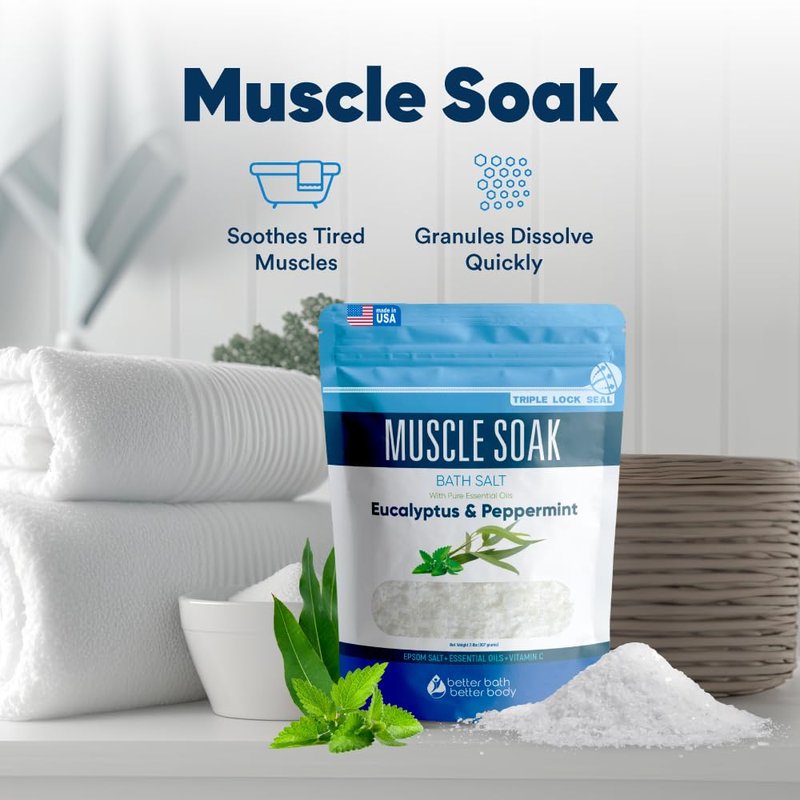Muscle Soak Bath Salt 128 Ounces Epsom Salt with Natural Peppermint and Eucalyptus Essential Oils Plus Vitamin C in BPA Free Pouch with Easy Press-Lock Seal