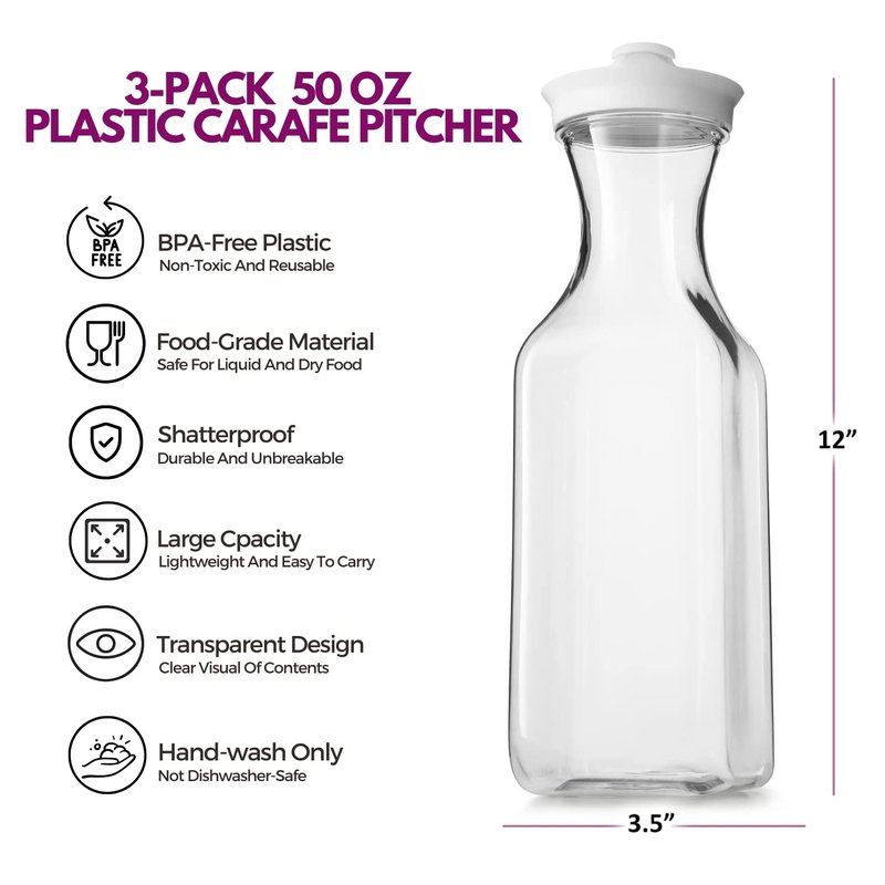 DilaBee Plastic Water Pitcher With Lid - Square Carafe Pitchers for Drinks, Milk, Smoothie, Iced Tea, Mimosa Bar Supplies - BPA-Free - NOT DISHWASHER SAFE (3-Pack, 50 Ounce)