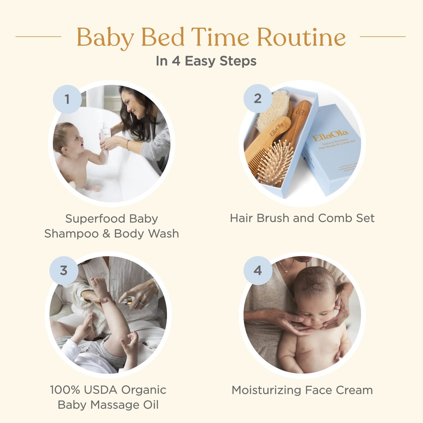 ELLAOLA Natural Bamboo Hair Brush & Comb Set, 3 Piece - Cradle Cap Brush, Massage Hair Brush, Bamboo Comb for Toddlers, Newborns & Infants I Baby Registry Gift