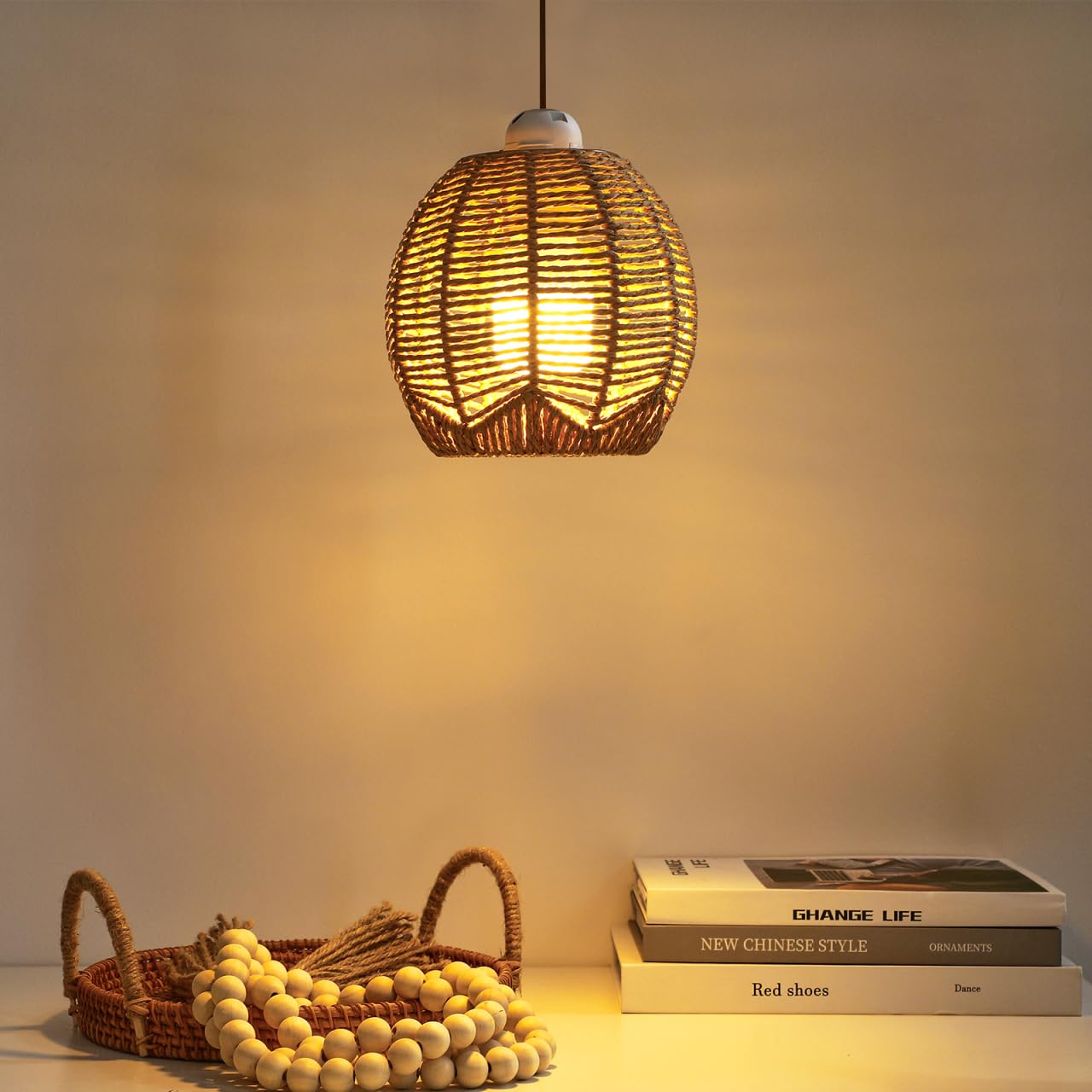 TOVINANNA Handmade Rattan Pendant Lamp Shade Woven Chandelier Cover Small Lampshade for Living Room Bedroom Retro Home Lighting 5.90X5.90X5.51In