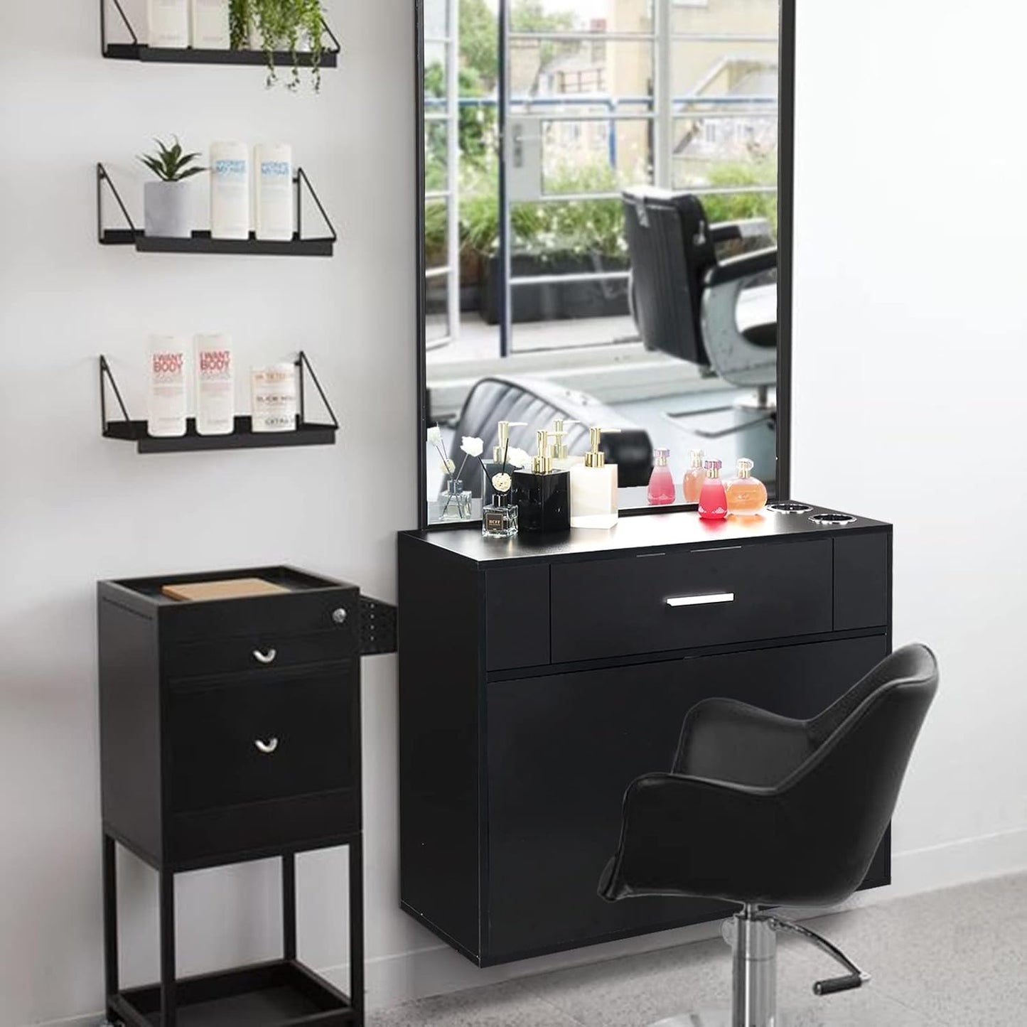 Wall Mount Salon Station - Stylish Barber Station with Mirror, Storage Cabinet & 2 Hair Dryer Holders | Black